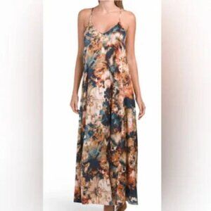 Nicole Miller Watercolor Abstract Floral Satin Maxi Dress | Size M | Pockets